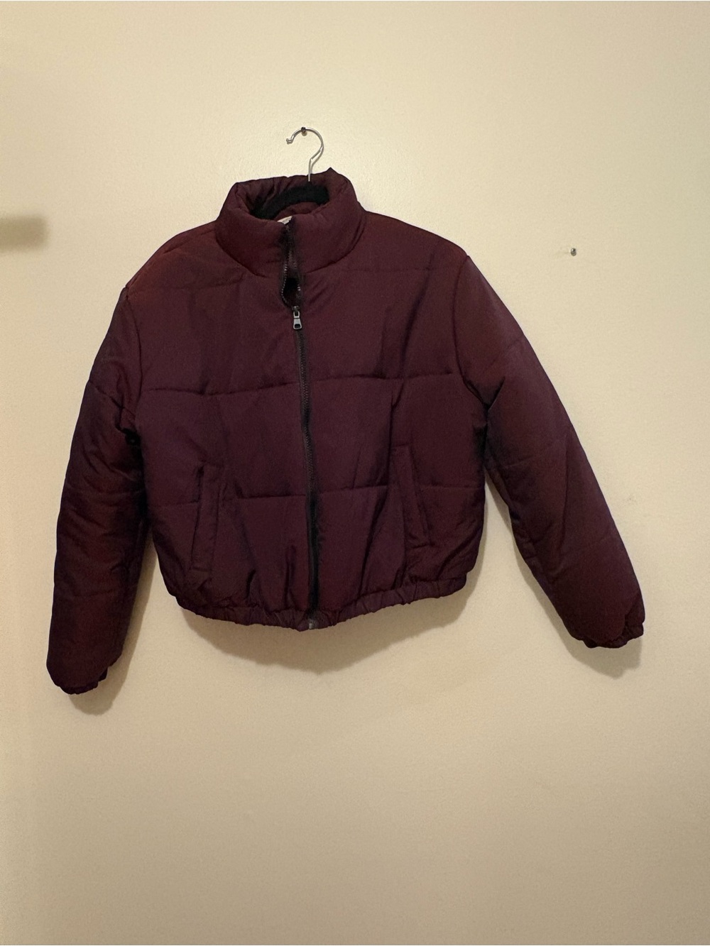 Women's Burgundy Puffer Jacket - Crop Winter Coat - Picture 3 of 8